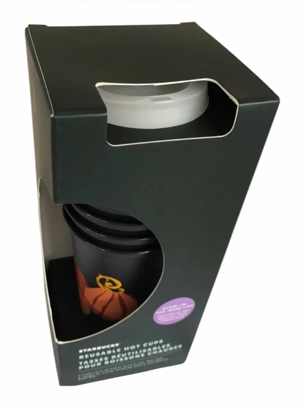 Starbucks Fall Pumpkin Hot Cups 6 Pack Travel Glow in Dark Lids NEW in Box Black
